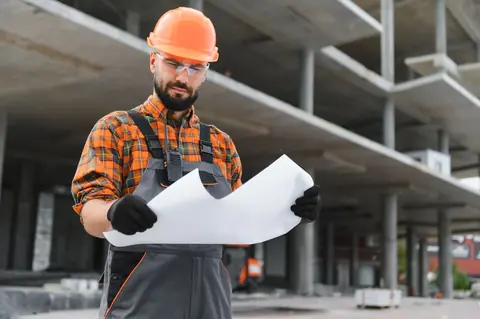 Ouvrier du bâtiment vérifiant un plan sur chantier: cadre contractuel, budget, choix techniques, suivi structuré.