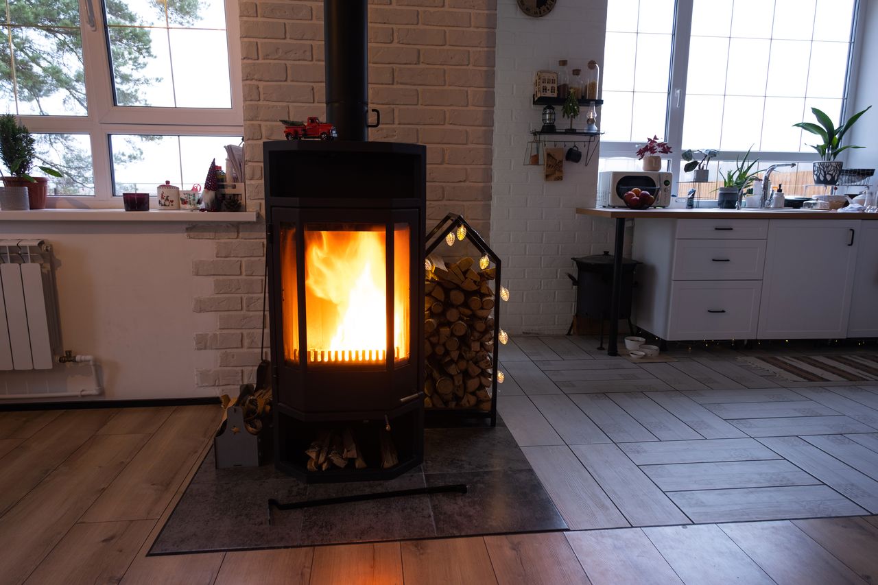 Comparatif de poêle à bois et poêle à granulés dans un salon chaleureux et moderne.