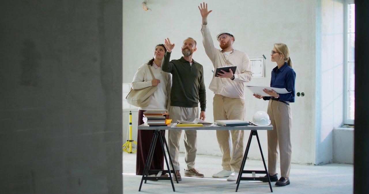 Réunion sur le chantier avec plans et tablettes numériques pour un suivi de construction site meeting efficace.