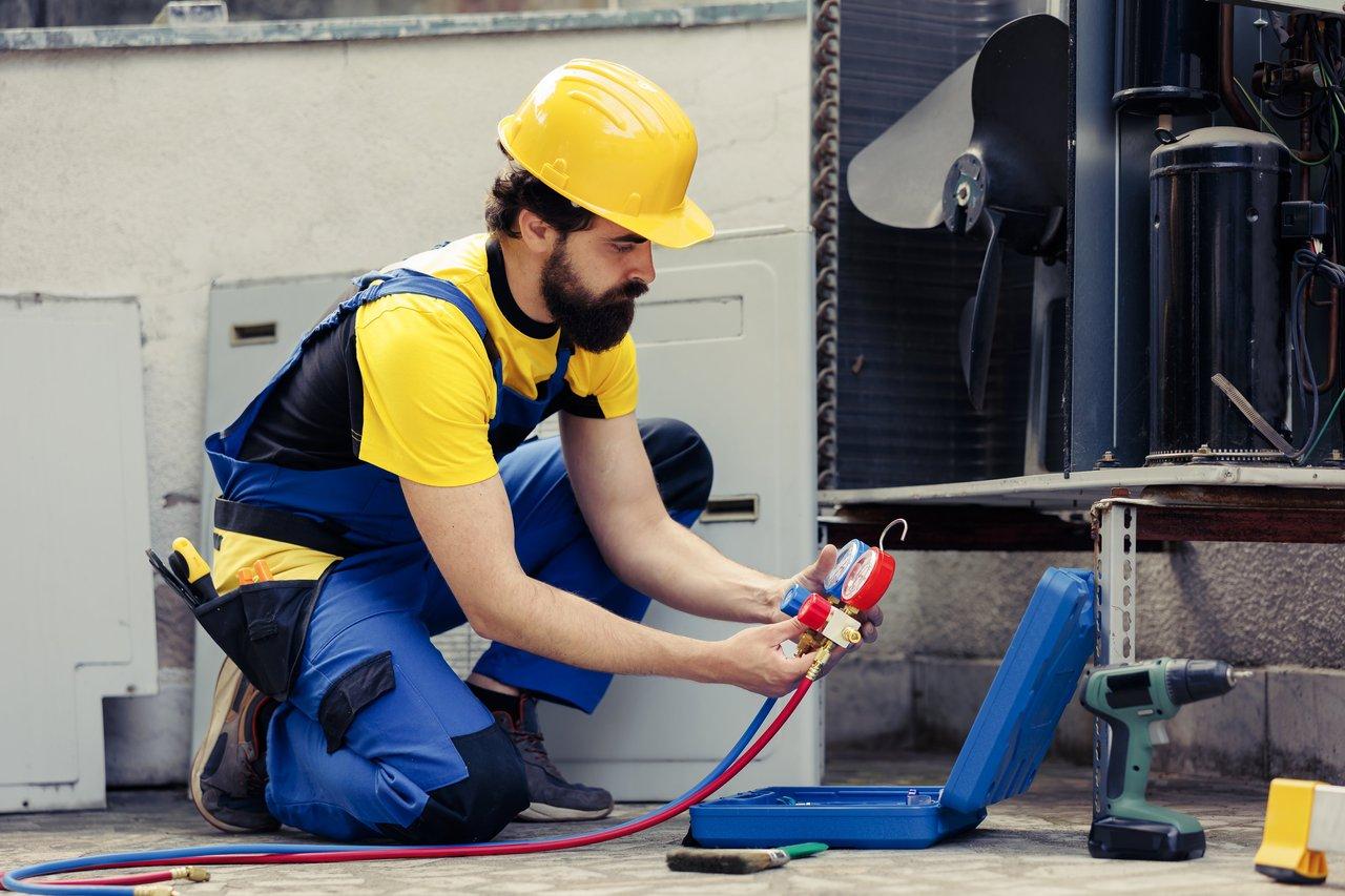 Technicien HVAC effectuant la maintenance annuelle d’une VMC double flux, nettoyage et remplacement des filtres pour optimiser la performance.