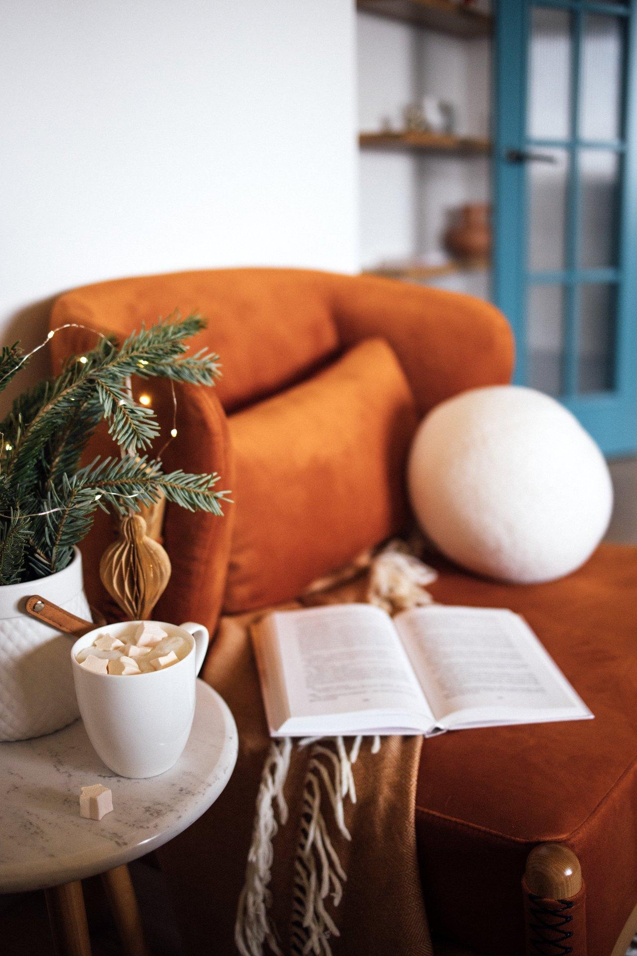 Un cozy winter living room avec canapé en velours orange, couverture chaude et ambiance chaleureuse.
