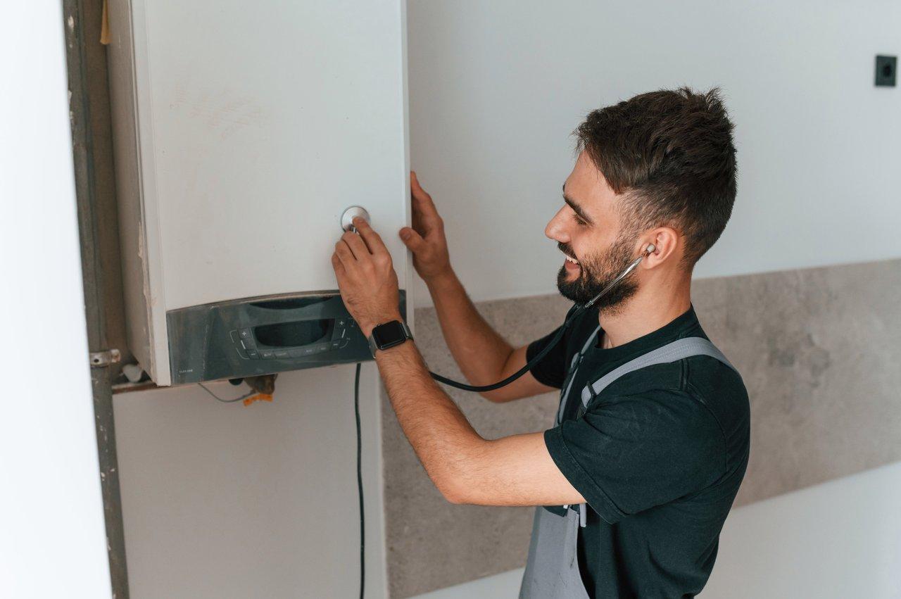 Un technicien en maintenance de chaudière vérifie la pression et détecte les émissions de monoxyde de carbone pour assurer une chaudière en parfait état.